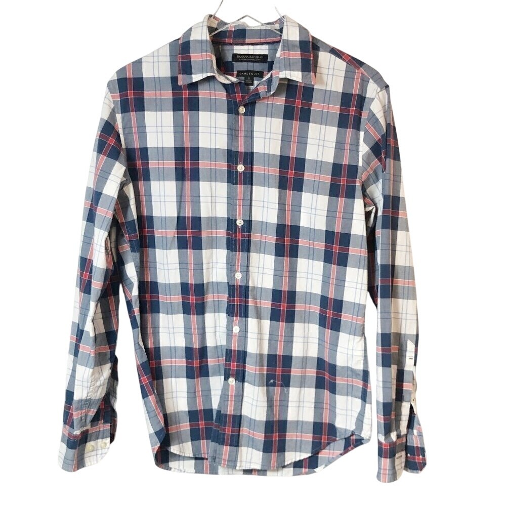 Banana Republic Camden Fit Red White & Blue Plaid Dress Shirt Men's‎ Size S